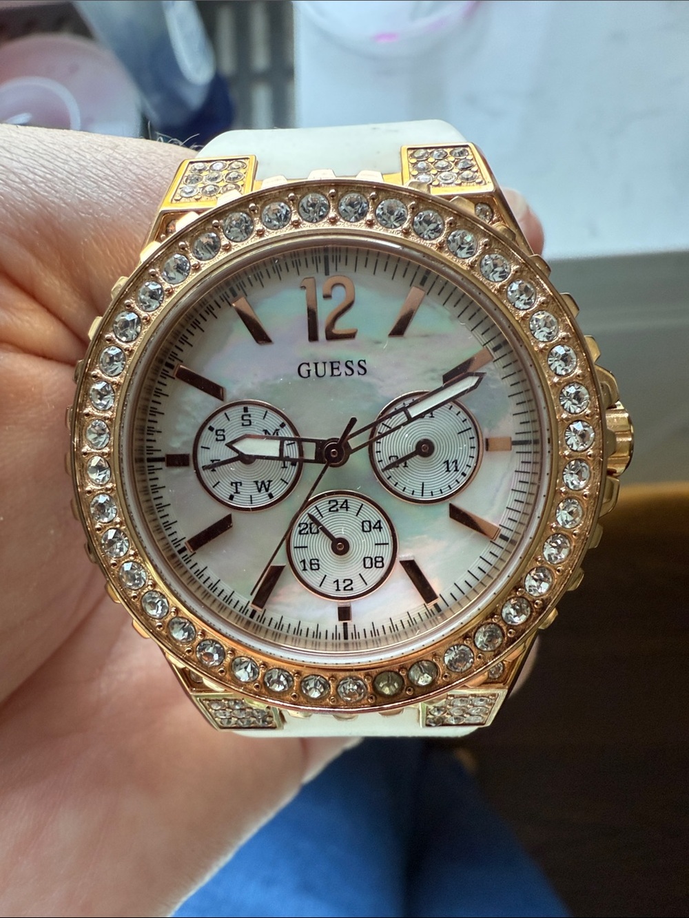 Guess Rose Gold Crystal Bezel Watch with White Band